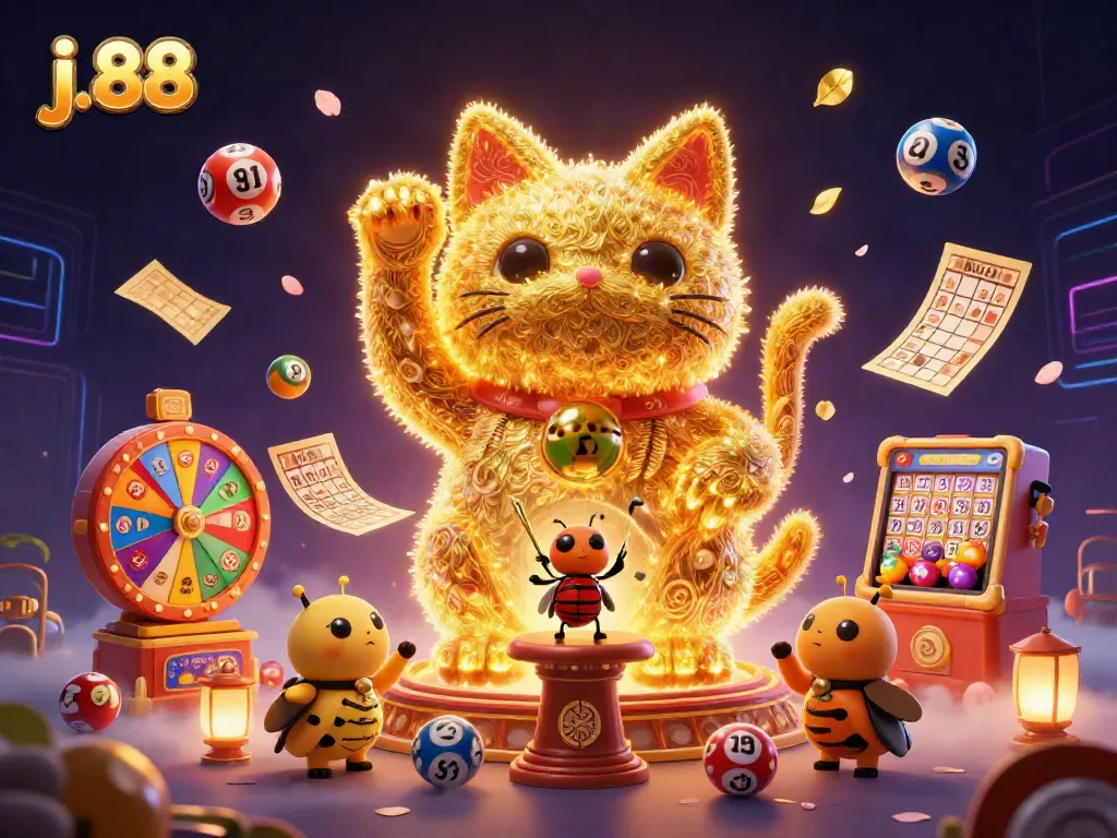 Engage in a vibrant j.88 casino scene with golden fireflies and colorful gambling elements.