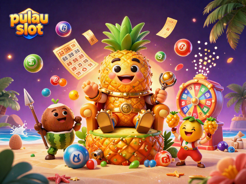 Play pulau slot with winning chances illustrated in vibrant 3D casino scene featuring lottery elements.