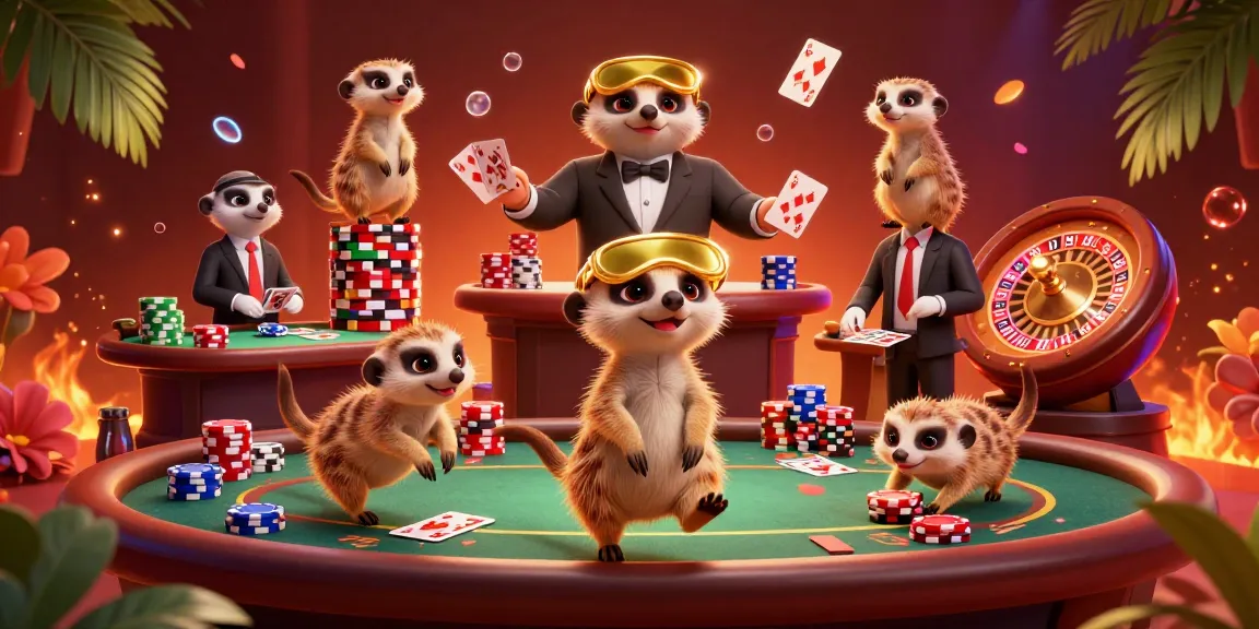 Jouer au poker en ligne dans une scène animée de suricates dans un casino vibrant.