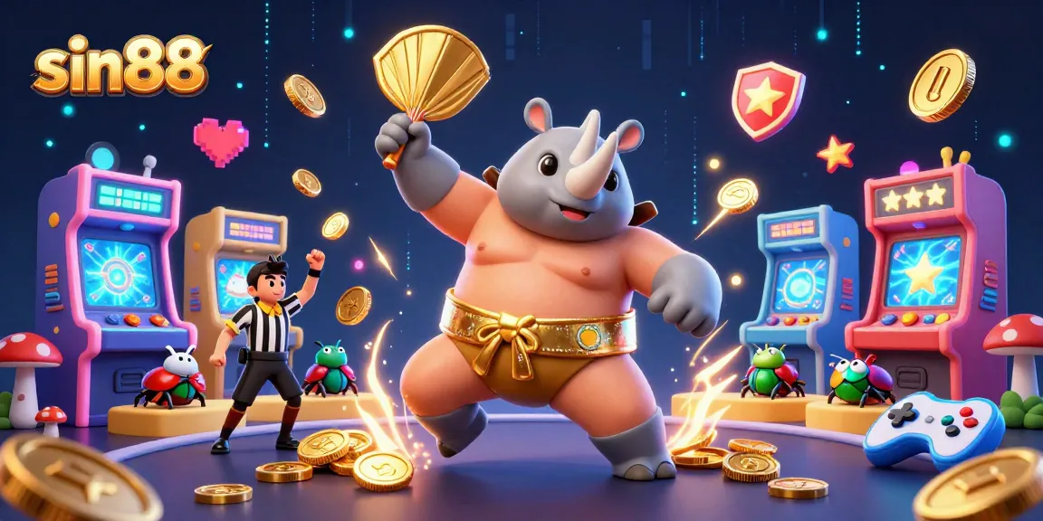 Experience the excitement of sin88 with a colorful animated casino scene featuring a sumo beetle champion.