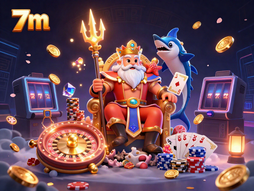 Engage with 7 m's immersive gaming experience featuring Neptune and casino elements in a vibrant scene.