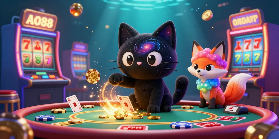 Experience the thrilling casino atmosphere of AO88 with a black hole cat pulling in golden chips.