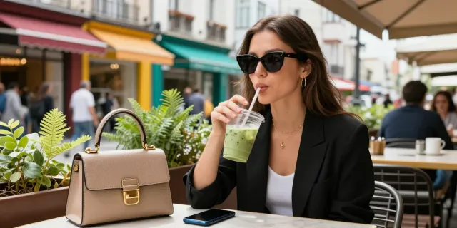 Indivíduo usando óculos de sol estilosos em café ao ar livre, refletindo a moda atual.