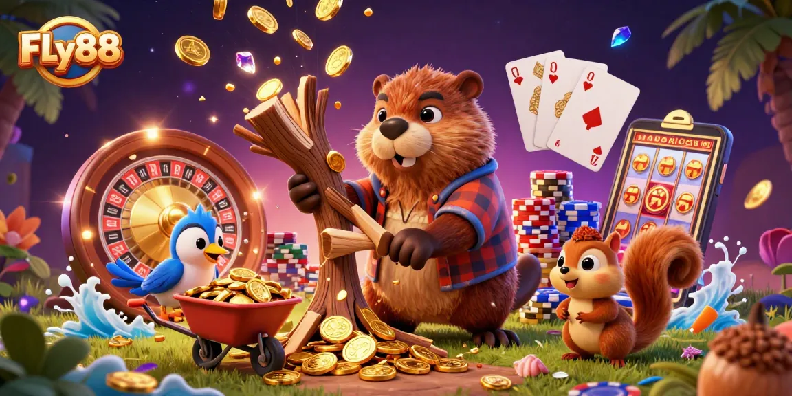 Engage with FLy88’s dynamic online gaming experience, featuring vibrant characters and iconic casino elements.