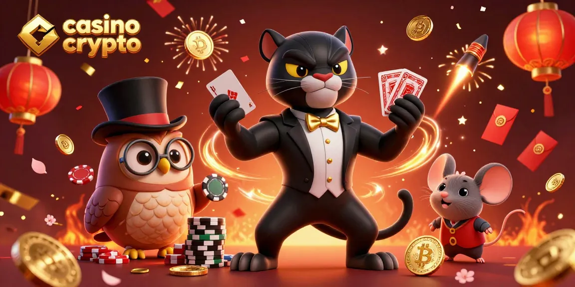 Casino en crypto : illustration d'un panthère en costume, une chouette et une souris avec des jetons de poker.