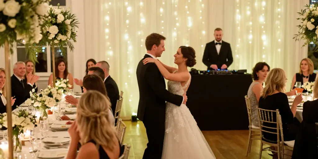 hochzeit DJ berlin brandenburg celebration with couple dancing and DJ booth