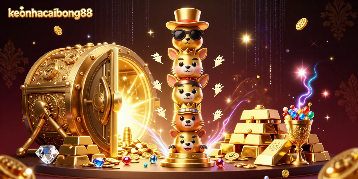 Engage with keonhacaibong88 through a vibrant casino-themed illustration showcasing animated characters and treasures.