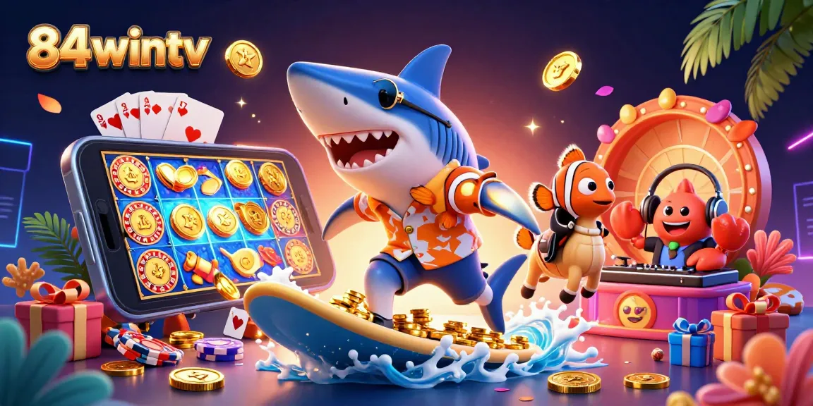 Bet on 84wintv in this vibrant 3D casino illustration full of gold coins, slots, and fun characters.