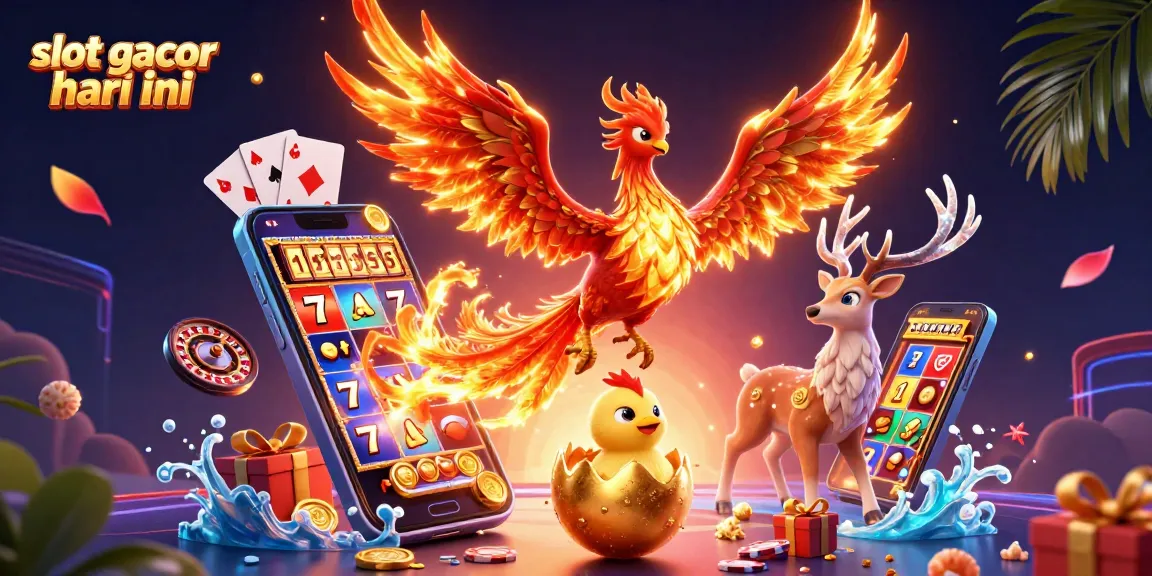 Engage in thrilling slot gacor hari ini with a vibrant illustration of a phoenix, baby phoenix, and mystical stag amidst dynamic gaming elements.
