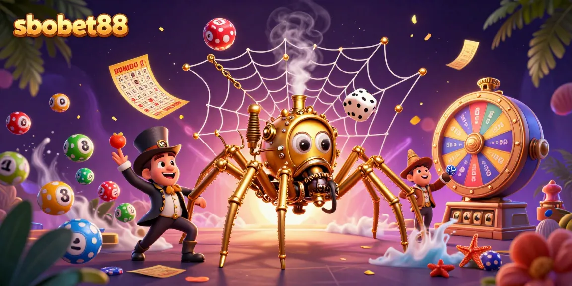 Experience sbobet88 excitement with a vibrant 3D depiction of a steampunk spider catching dice.