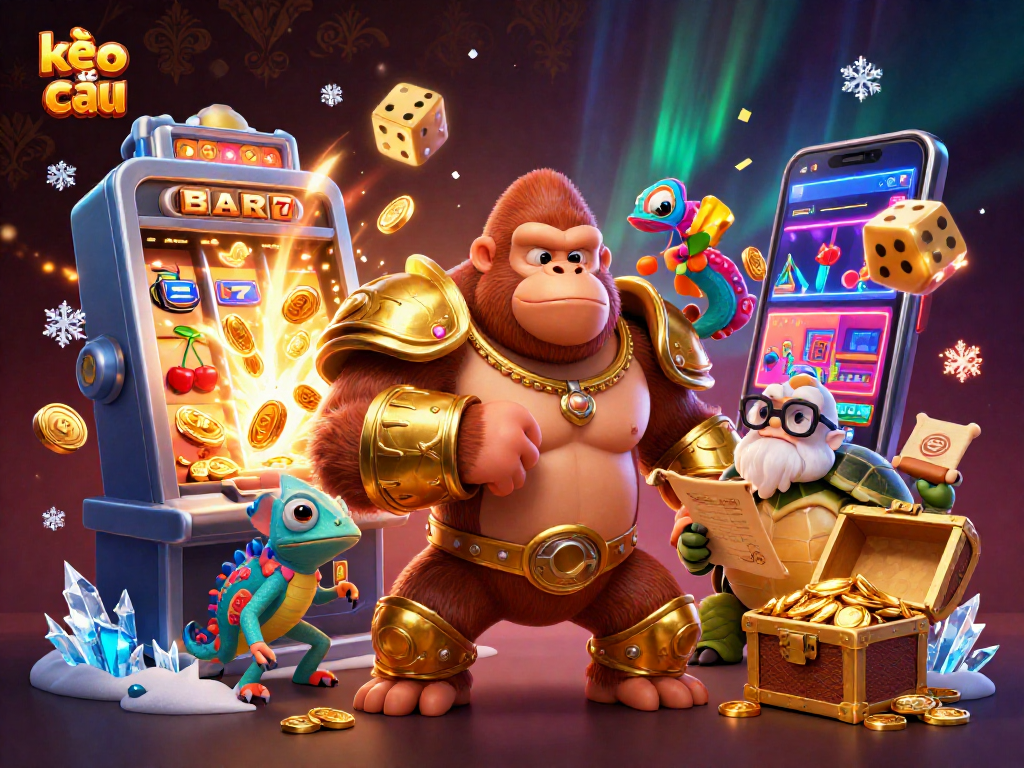 Engage in thrilling winning moments with kèo nhà cái, featuring a powerful gorilla and vibrant casino elements.