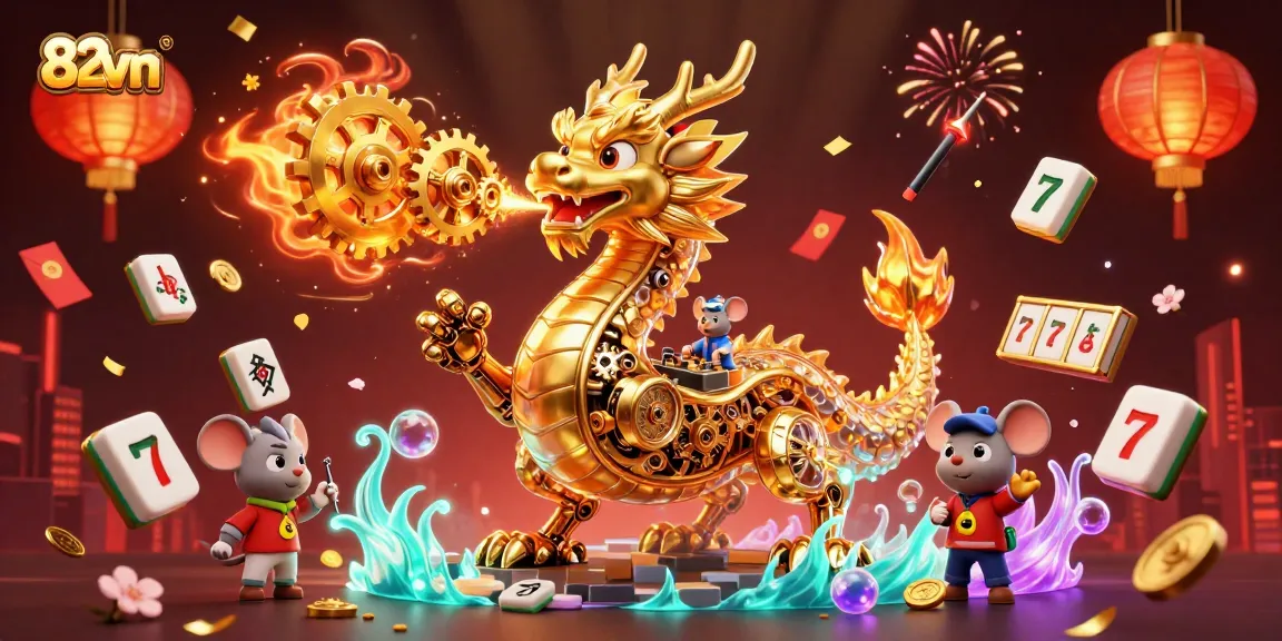 Experience the thrilling 82vn gaming scene with a golden dragon and festive elements.