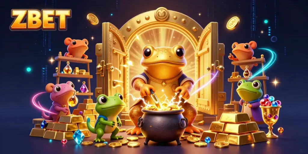 ZBET showcases a magical scene of fortune, featuring a golden salamander alchemist and shimmering treasures amidst casino ambiance.