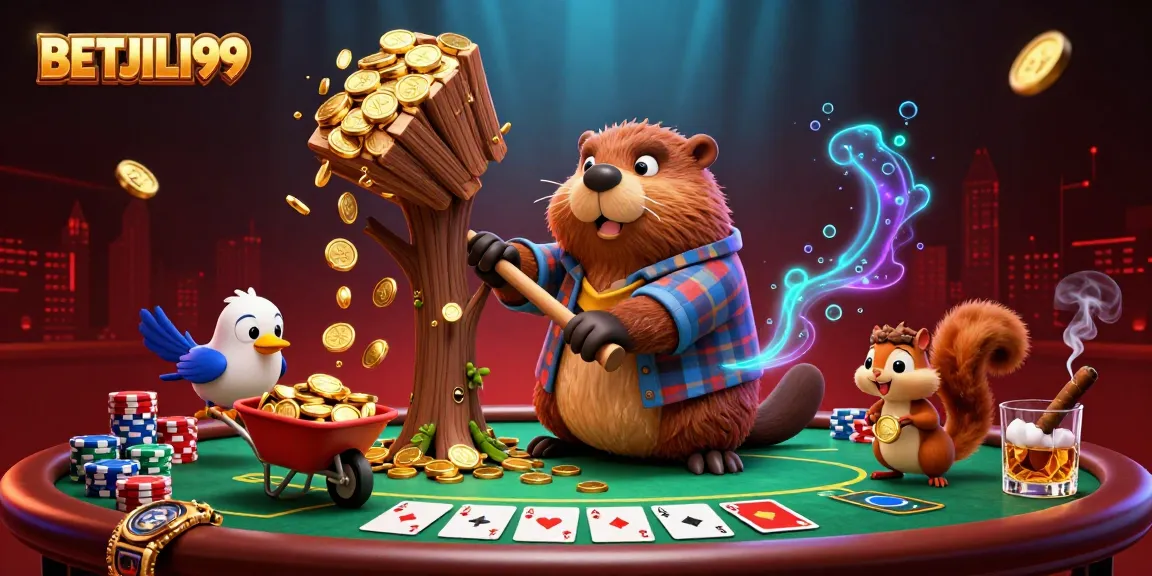 Chase excitement with BETJILI99 as a beaver chops a tree raining golden coins at a vibrant casino.