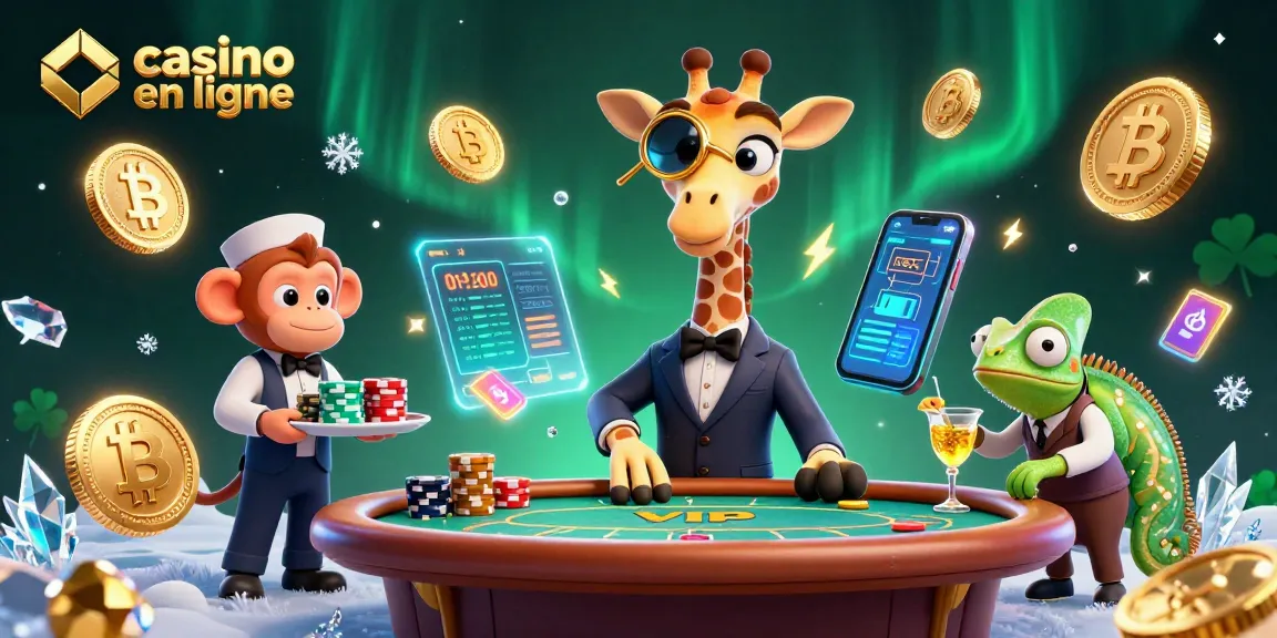Au casino en ligne, une girafe en costume joue aux cartes tandis qu'un singe sert des jetons.