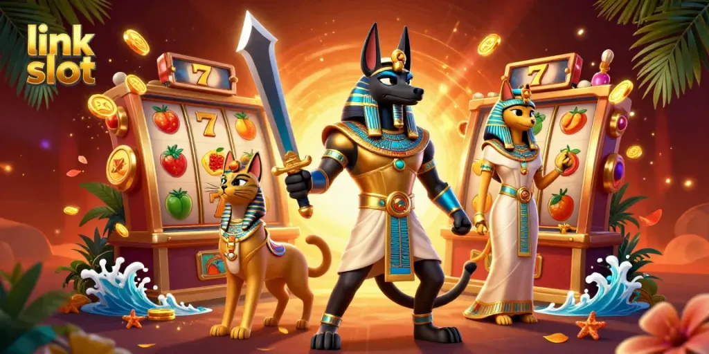 Experience thrilling wins with link slot featuring ancient warriors and vibrant slot symbols in a dynamic casino setting.