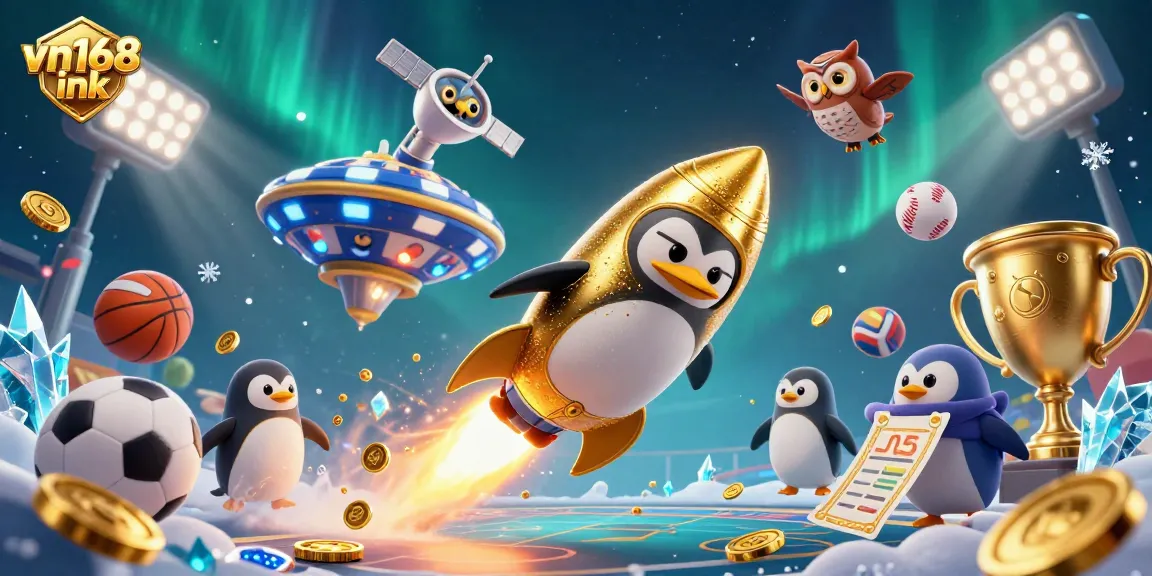 Experience the excitement of vn168 ink as a golden penguin launches into a thrilling casino adventure.