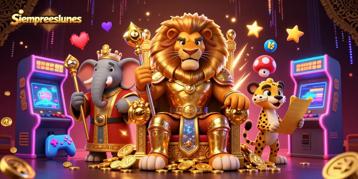 Win big with siempreeslunes: 3D lion king and friends in a vibrant casino environment.