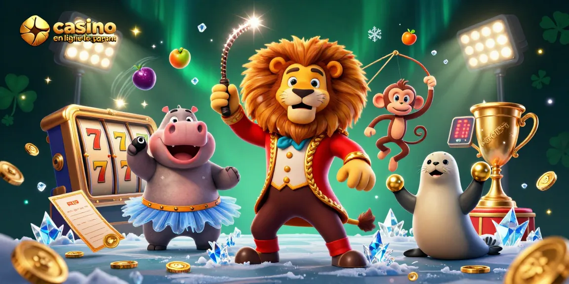 Découvrez le casino en ligne le plus payant avec un lion maître de cérémonie entouré de personnages amusants et d'éléments de jeu.