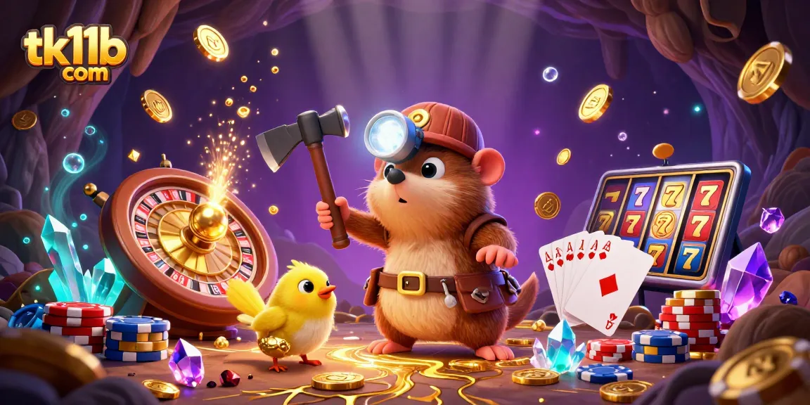 Engage the excitement of tk11b com with a treasure-seeking mole and glowing gems in a vibrant casino world.