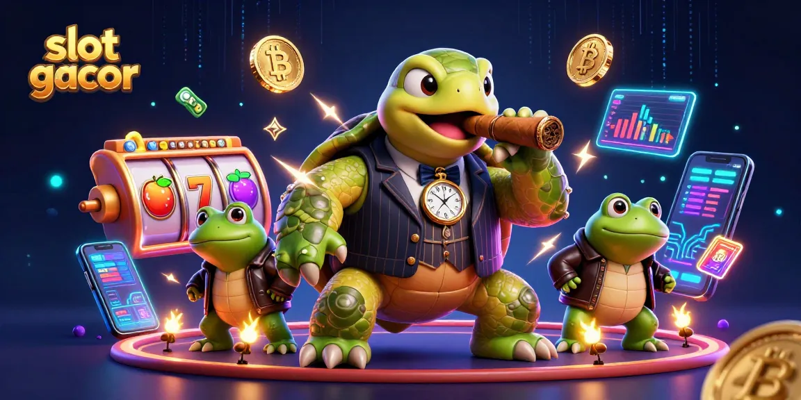 slot gacor dengan penyu besar dan penegak hukum frog yang dikelilingi oleh simbol slot dan koin kripto