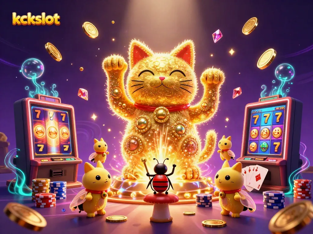 Rasakan sensasi bermain di kckslot dengan ilustrasi slot menakjubkan yang menampilkan karakter kasino unik dan cipratan koin emas.