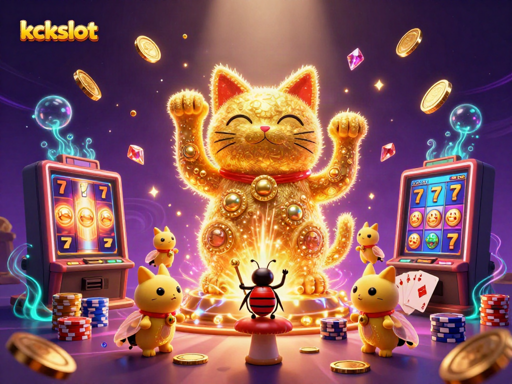 Rasakan sensasi bermain di kckslot dengan ilustrasi slot menakjubkan yang menampilkan karakter kasino unik dan cipratan koin emas.