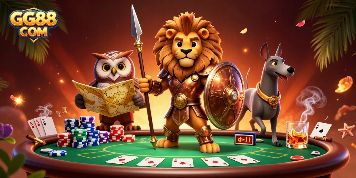 Experience exciting poker action with GG88 COM featuring a heroic Spartan lion, tactical owl, and swift greyhound.