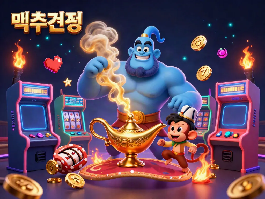 Engage in 먹튀검증 with a magical 3D scene featuring a genie, monkey, and poker chips amidst vibrant casino elements.