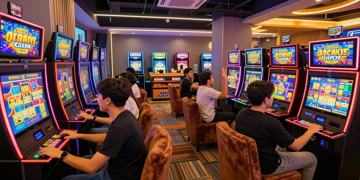Exciting scene of players enjoying slot gacor machines in a vibrant gaming lounge with neon lights.