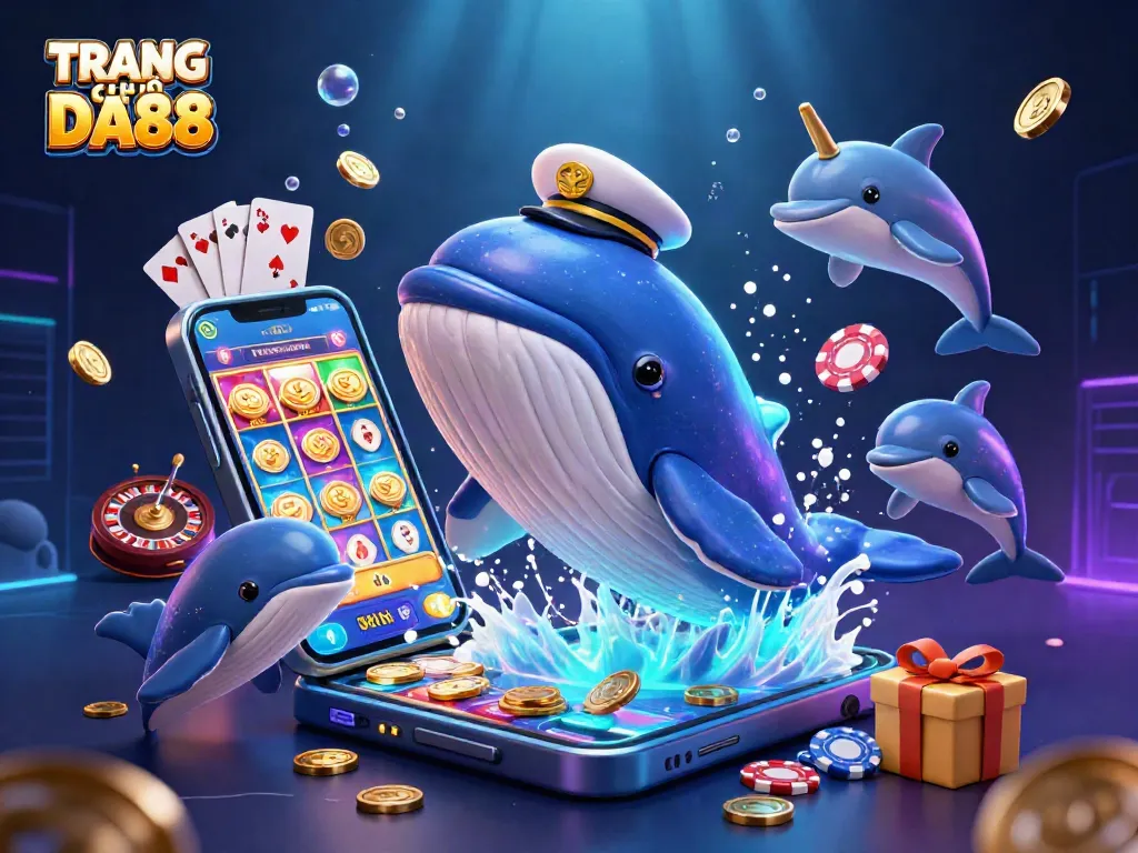 Experience the thrill of TRANG CHỦ DA88 as playful dolphins and a majestic whale celebrate wins among dazzling coins.