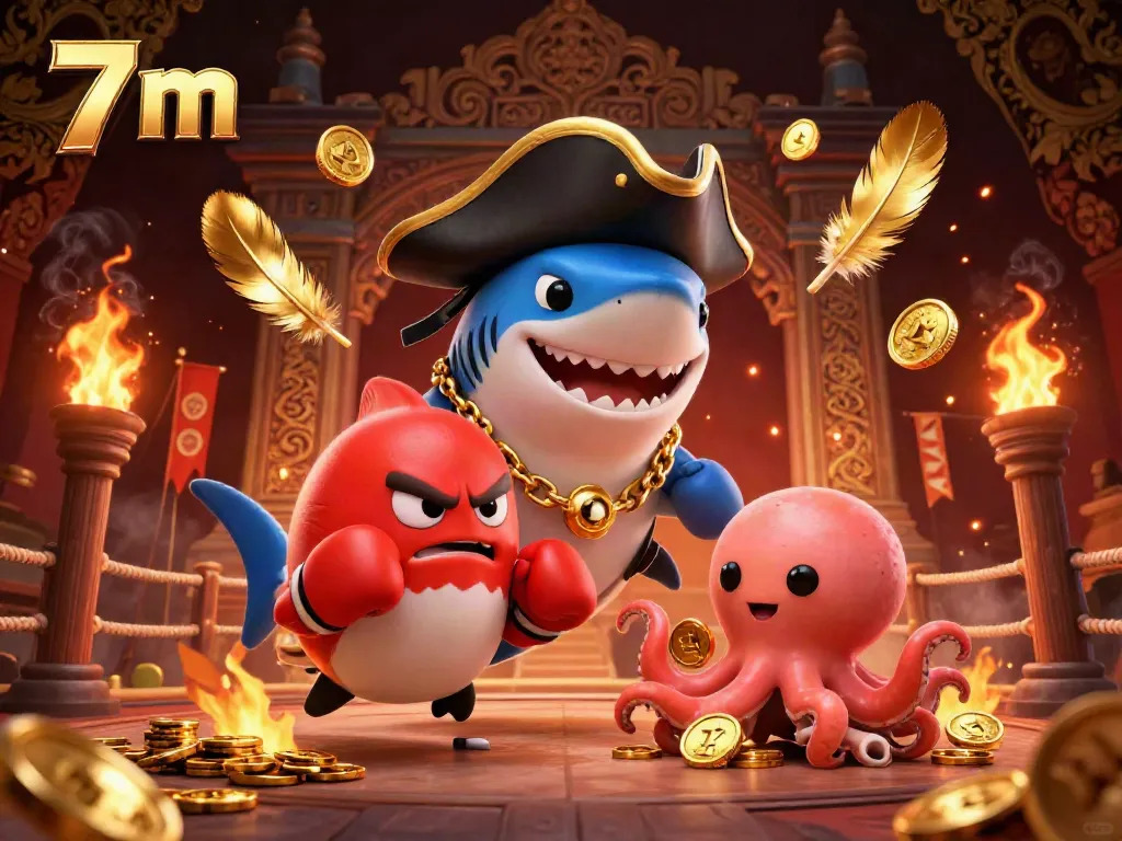 Engage with exciting 7 m live betting action featuring a cartoon pirate shark and friends in a vibrant casino scene.