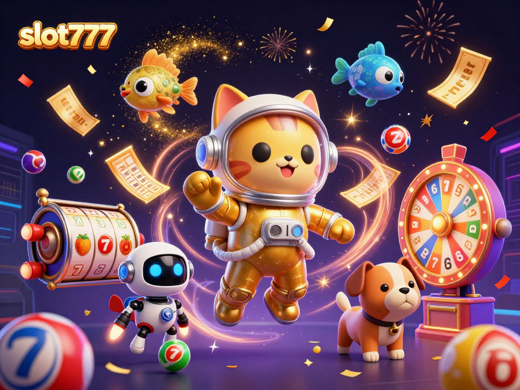 Experience slot777 excitement with a vibrant illustration featuring floating astronaut cat and dynamic slot reels.