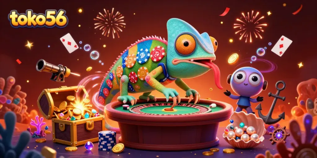 Toko56 menghadirkan ilustrasi kasino dengan chameleon besar yang mengawasi meja roulette dan ruang poker sambil mengumpulkan koin emas.