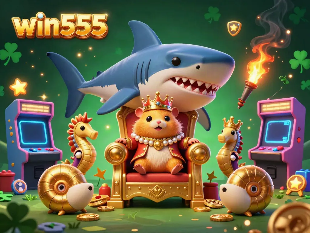 Experience thrilling action at win555 with a vibrant 3D casino scene featuring a hamster king and seahorse guards.