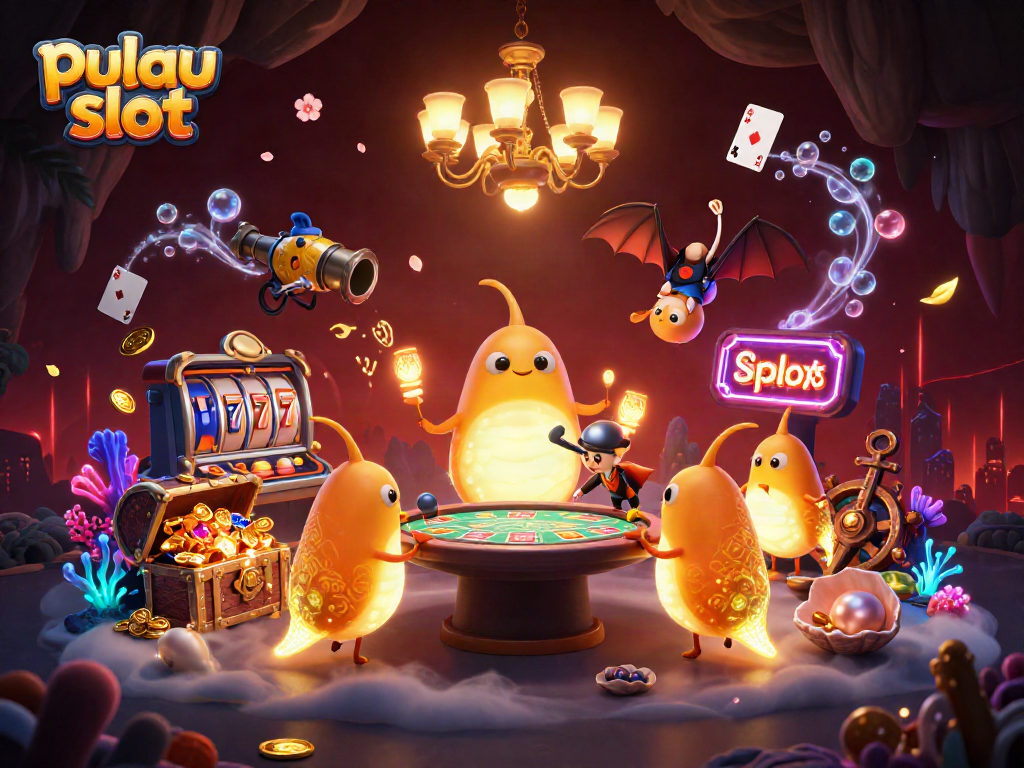 Experience pulau slot action with a vibrant 3D casino scene full of glowing characters and game elements.