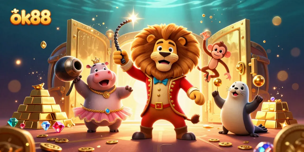 Spin the reels with ok88 in a vibrant casino scene featuring lively characters and treasures.