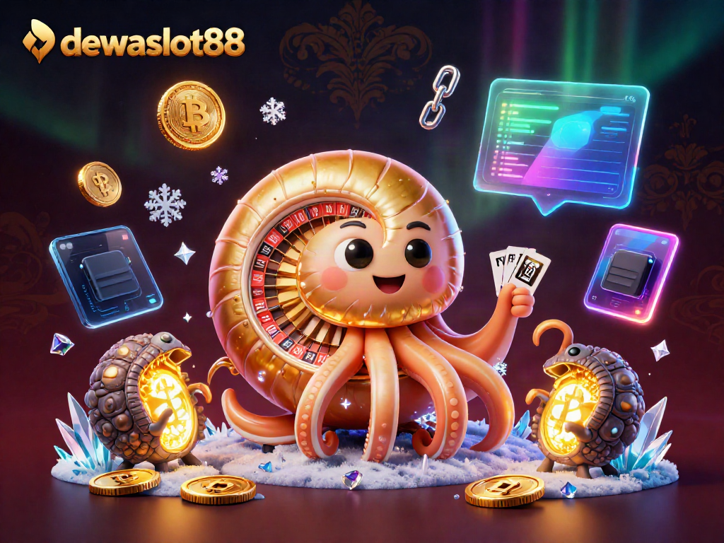 Menangkan jackpot di dewaslot88 dengan ilustrasi kasino digital penuh warna dan elemen berteknologi tinggi.