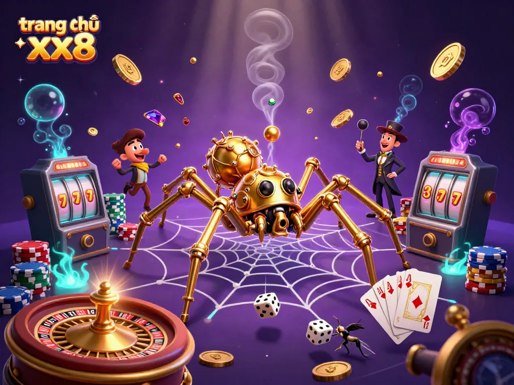 Engage with the dynamic world of trang chủ xx8, showcasing alluring 3D casino elements including golden webs and roulette thrills.