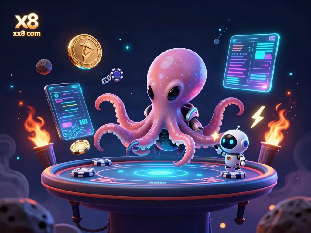Engage with xx8 com at a vibrant poker table operated by a cosmic octopus.