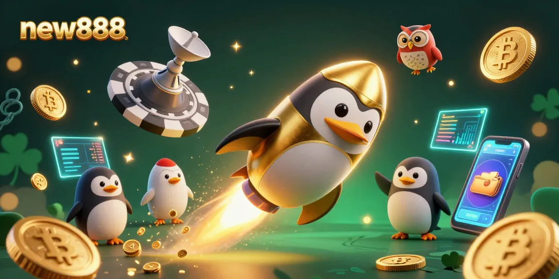 Experience the thrill of new888 with a vibrant 3D scene of playful penguins and coins!