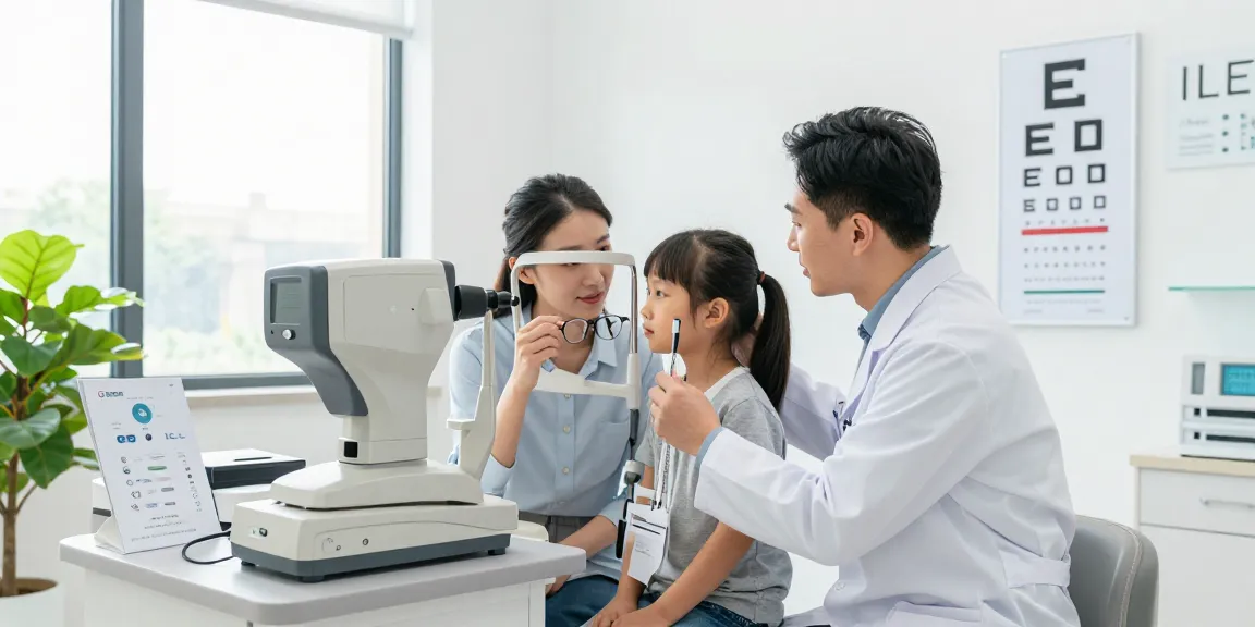 Patient consulting about ICL and LASIK options in a bright eye clinic.