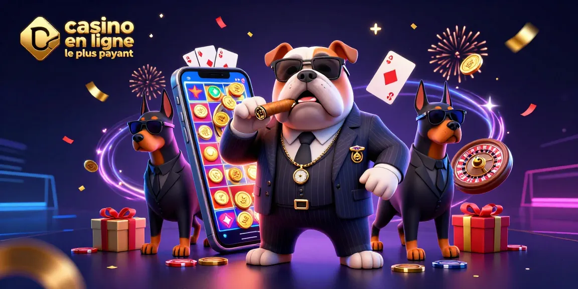 Casino en ligne le plus payant illustrant un bulldog mafia entouré de jeux de casino et de confettis