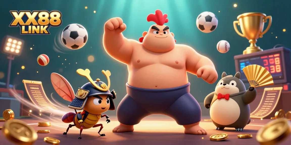 Engage with exciting XX88 LINK showcasing a powerful sumo wrestler rooster, fierce cricket, and tanuki announcer in dynamic gambling action.
