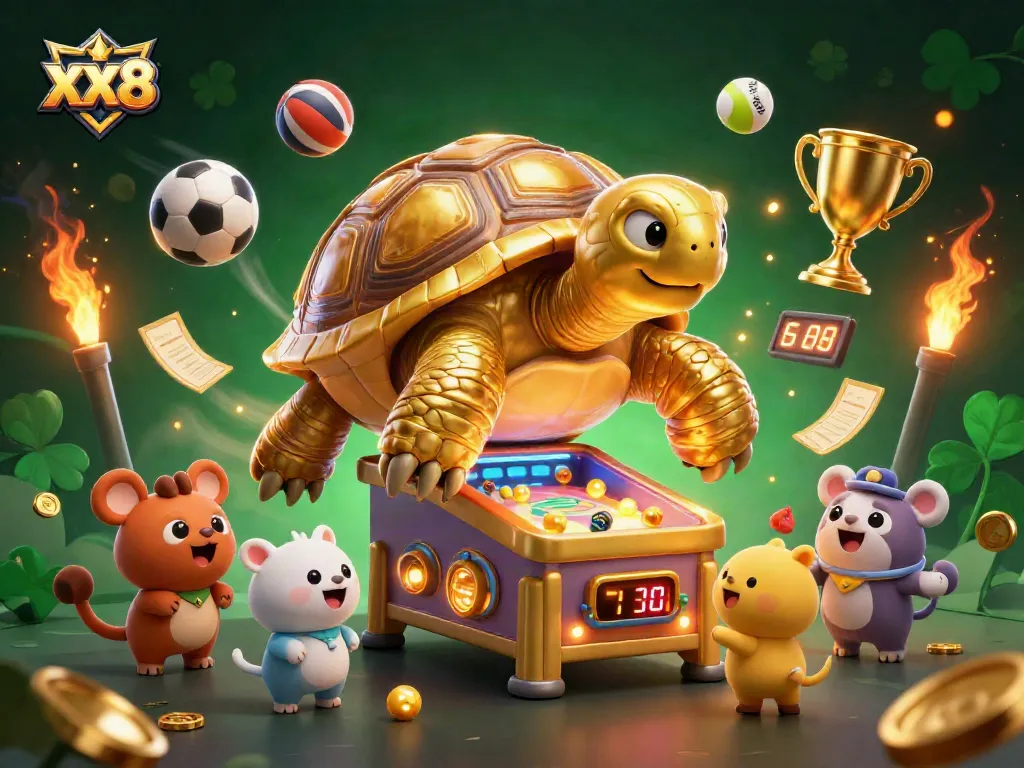 Experience the excitement at xx8 with a vibrant animation of a golden tortoise pinball machine surrounded by dynamic sports game elements.