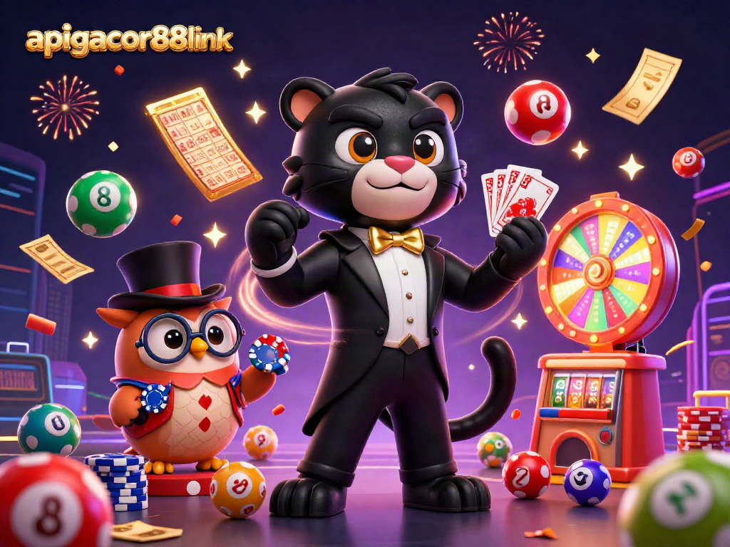 Join the excitement of apigacor88link with vibrant gambling characters playing cards and celebrating.