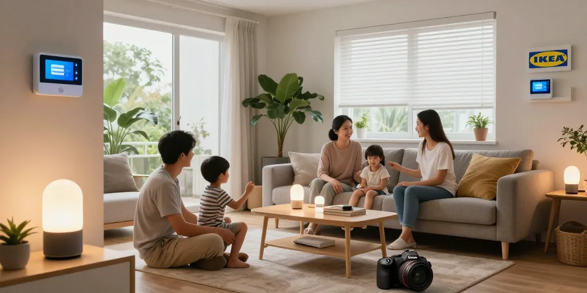 IKEA smart home integration in a modern living room with family enjoying smart devices and ambient lighting.