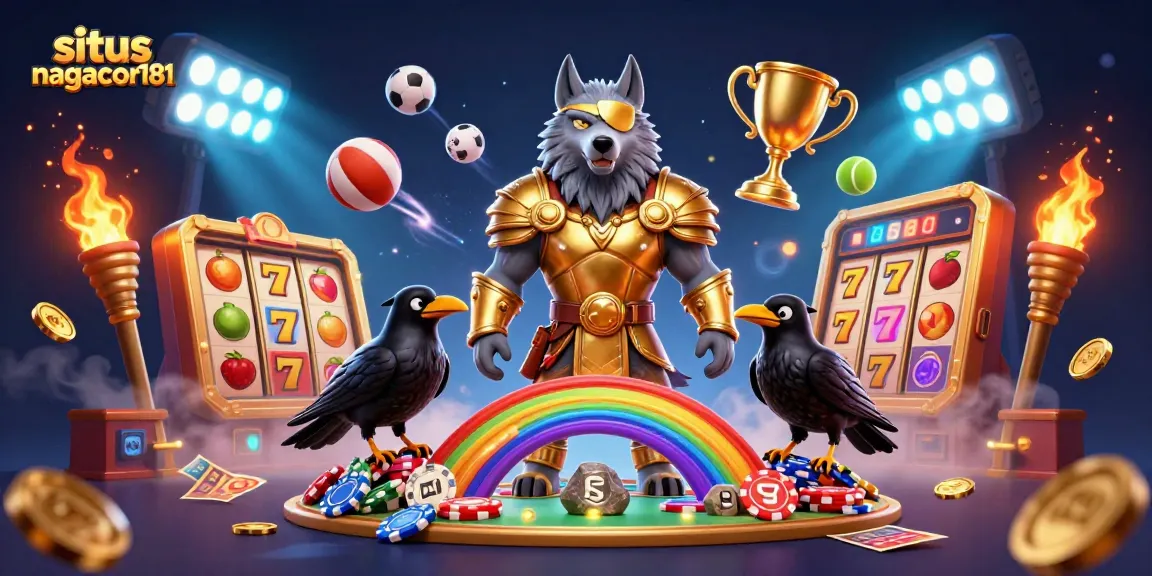 Engaging scene depicting situs nagacor181 with Odin and ravens amidst vibrant slot reels and sports elements.