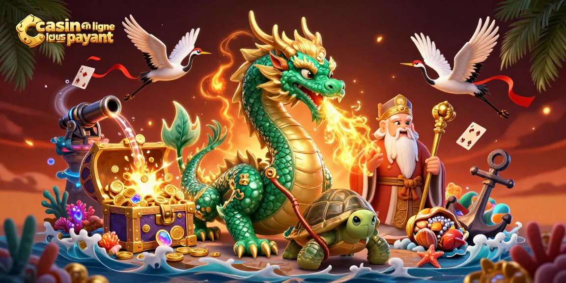Illustration dynamique de personnages de casino, évoquant le casino en ligne le plus payant avec dragon émeraude et trésors sous-marins.