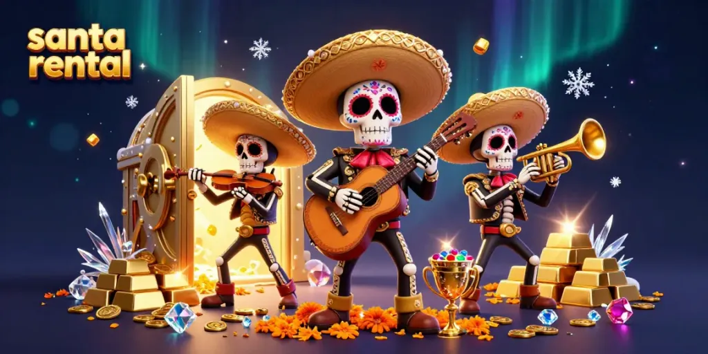 Experience the excitement of santa rental with a festive 3D scene featuring joyful mariachi characters and casino-themed treasures.